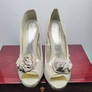 Chic Beige Peep-Toe Heels with Floral Detail